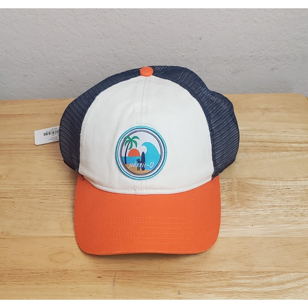 Johnnie-O Ripon Mens Trucker Hat White Orange Navy Mesh Snapback Adjustable Logo